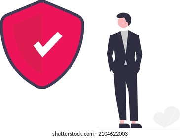 illustration of a man standing next to a security logo. Vector illustrations