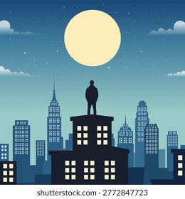 Illustration of a Man Standing on a Building Looking at the Full Moon