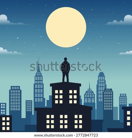 Illustration of a Man Standing on a Building Looking at the Full Moon