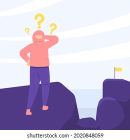 illustration of a man standing on the edge of a cliff and thinking how to get across. confused people. think of a solution in order to achieve the goal. question mark. flat style. vector design