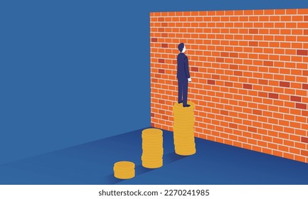 Illustration of a man standing on money and a wall, image of a wall of annual income, vector