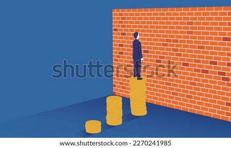 Illustration of a man standing on money and a wall, image of a wall of annual income, vector