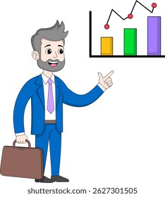 Illustration of a man standing and pointing at a bar chart with an upward trend, symbolizing business growth, financial success, and positive performance analysis