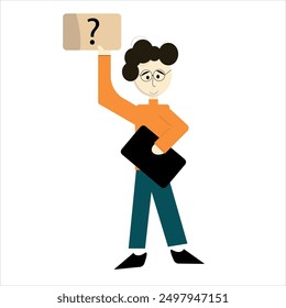 illustration of a man standing with a question mark poster