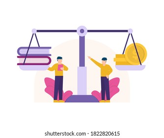 illustration of a man standing at a scale weighing a coin and a book of knowledge. the concept of education costs and investment, consideration and comparison. education. flat style. design element.