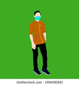 Illustration of a man standing using a mask. Man wearing a work attack