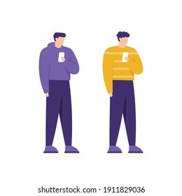 ilustración de un hombre parado y usando un smartphone. gente usando chaquetas y sudaderas. llevar ropa informal. estilo de moda. diseño de vector plano