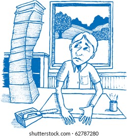 Illustration of a man staring at a pile of paperwork he has to do.