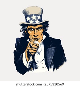 Illustration of a man in a star-spangled hat pointing forward. Patriotic theme with a vintage style. Iconic figure in American culture. Vintage art drawing illustration, old painting vector.