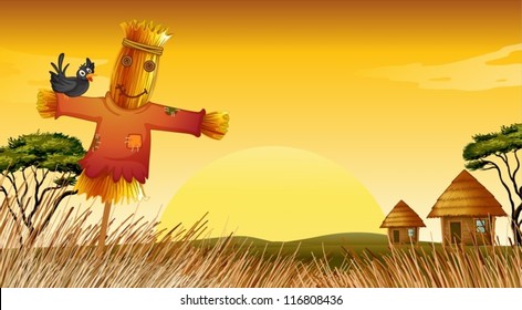 illustration of man statue in farm adn farm house