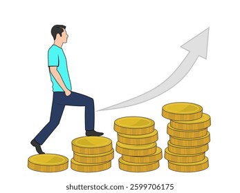 Illustration of a man stepping on a pile of gold coins, depicting financial growth and success. The arrow pointing up indicates a positive trend