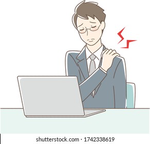 Illustration Of A Man With A Stiff Shoulder In Front Of A Computer