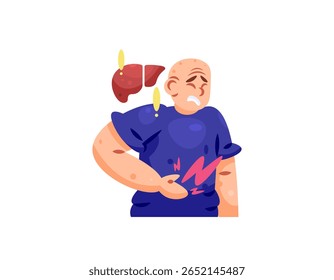 Uma ilustração de um homem com dor de estômago devido a doença hepática. problemas de fígado. dor abdominal. problemas de saúde. sintomas de hepatite. gestos e expressões. design de caracteres de estilo plano