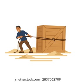 Illustration of a man straining to pull a heavy wooden crate with a rope across a sandy ground.