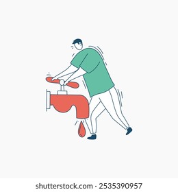 Una ilustración de un hombre esforzándose para apagar un grifo que gotea.