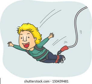 Illustration Of A Man Strapped In A Harness Happily Doing A Bungee Jump