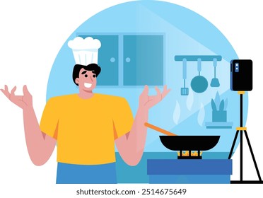 illustration of a man streaming himself cooking, a flat design vector with a Content Creation theme concept brings impressive visuals to every content