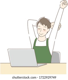 Illustration of a man stretching in front of a computer