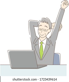 Illustration of a man stretching in front of a computer
