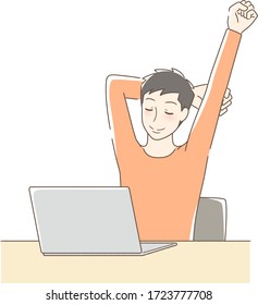 Illustration of a man stretching in front of a computer