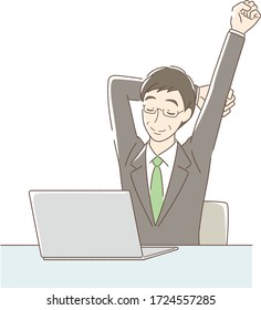 Illustration of a man stretching in front of a computer