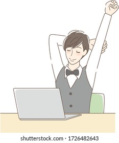 Illustration of a man stretching in front of a computer