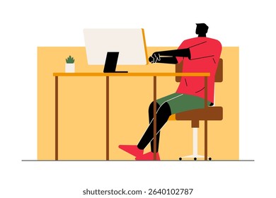 Illustration of a man stretching to relieve tension between tasks while working from home