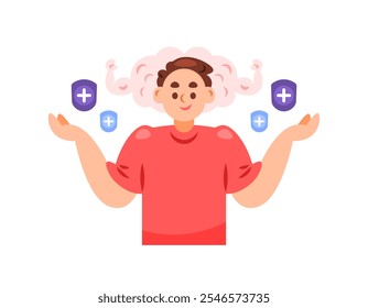 ilustração de um homem com forte mentalidade. proteção e cuidado para a saúde mental. expressão facial e gestos corporais. design de personagem de estilo plano. elementos