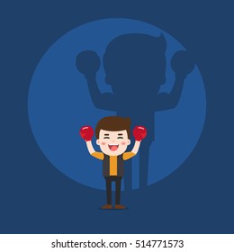 Illustration of man and strong shadow on the wall. Vector illustration flat style.