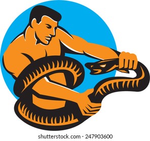 Illustration of a man struggling fighting a boa constrictor snake wrapped around his torso viewed from side set inside circle done in retro style.