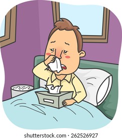 Illustration of a Man Stuck in Bed Due to a Severe Case of Colds