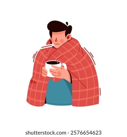 Illustration of man suffering from high fever, flu. Male character sick checking body temperature with thermometer, wearing blanket, and drink hot tea. Flat vector isolated on white background