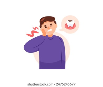 ilustración de un hombre que sufre de dolor de muelas porque sus dientes tienen agujeros. caries e inflamación de las encías. dolor e hinchazón de las mejillas. problemas de salud dental y de las encías. ilustración de personaje diseño