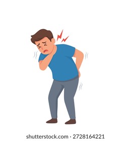 Ilustración de un hombre que sufre de dolor en la parte superior de la espalda y hombro. Concepto de dolor de espalda y tensión muscular, problema de salud, dolor corporal, ilustración de síntomas médicos