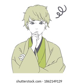 Illustration of a man suffering from wearing a kimono. Vector.