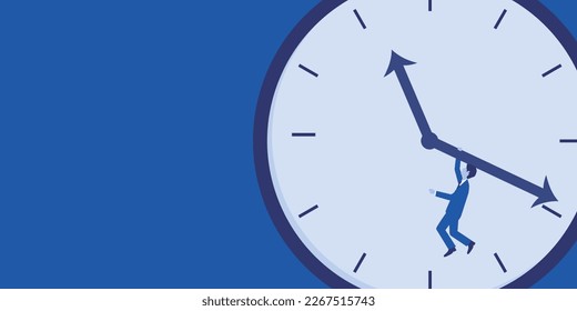 Illustration of man in suit about to fall off watch, copy space on left, vector