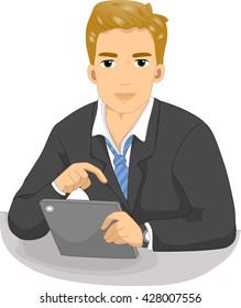 Illustration of a Man in a Suit Checking His Tablet