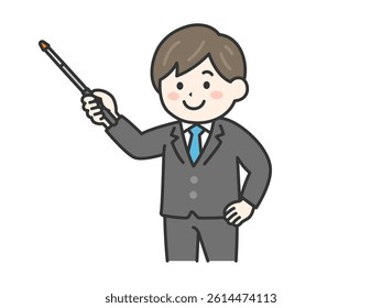 Illustration of a man in a suit (color line drawing) explaining using a pointing stick.
