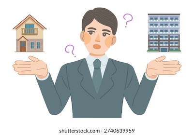 An illustration of a man in a suit comparing the differences between a detached house and an apartment building