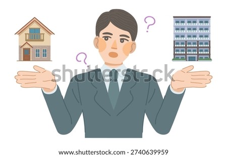 An illustration of a man in a suit comparing the differences between a detached house and an apartment building