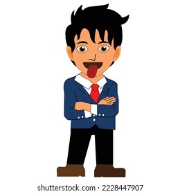 illustration of a man in a suit in a cool and neat style it looks like he's playing a prank on someone by sticking out his tongue