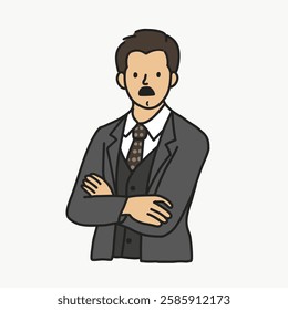 Illustration of a man in a suit with crossed arms. Cartoon style, business attire, confident pose. Professional look, suit, and tie. Doodle illustration vector.