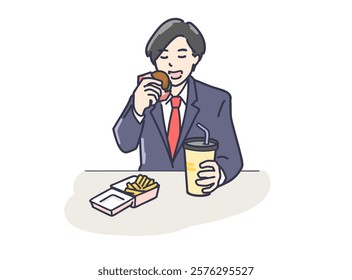 Illustration of man in suit eating fast food	