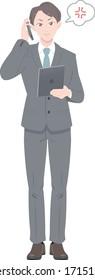 Illustration of a man in a suit getting angry on the phone, the version with a tablet