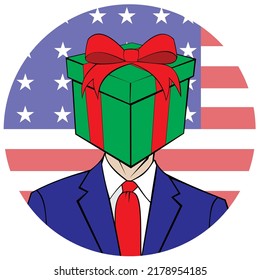 Illustration of a man in a suit with a gift package in place of his head and the United States flag in the background.