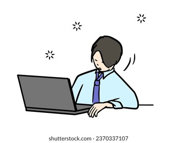 Illustration of man in suit groggy from sleep in front of computer at work	