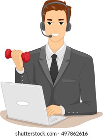 Illustration of a Man in a Suit and Headset Lifting a Dumbbell While Working