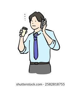 Illustration of a man in a suit holding a cup of drink making a phone call with an indescribable expression