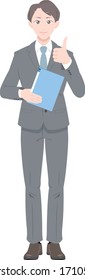 Illustration of a man in a suit holding a document in the pose of Good