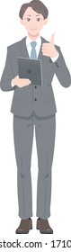 Illustration of a man in a suit holding a tablet and posing for Good